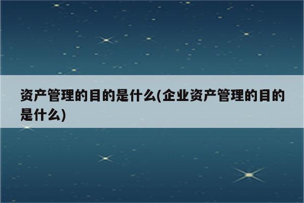 资产管理的目的是什么(企业资产管理的目的是什么)